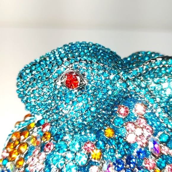 New In Box Blue Colorful Crystals Floral Rabbit Evening Clutch Purse - Picture 13 of 17